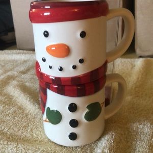 Hallmark Christmas Snowman Set Of 2 Stack-able White/Red 7.5"Tall Mugs